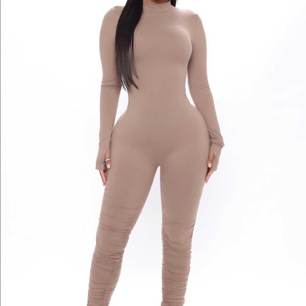 Fashion Nova Frisky Feline Ruched Jumpsuit Mocha